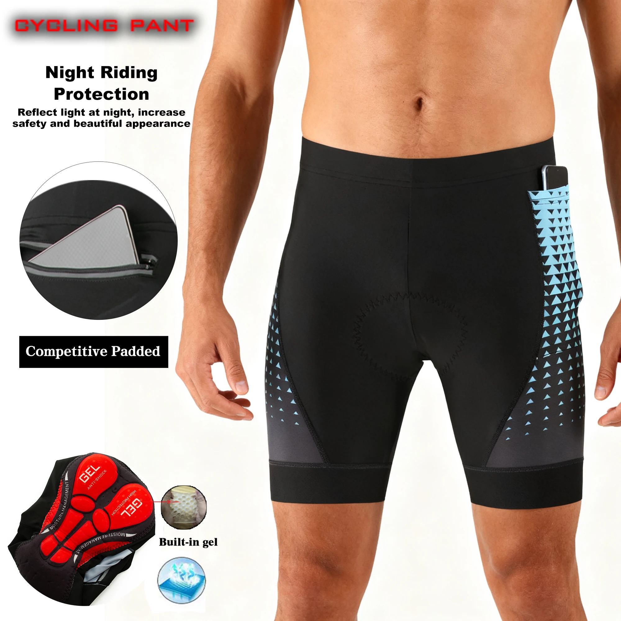 Herren-Radlerhose mit Professioneller Stoßdämpfung, 5D-Polsterung, Reflektierend, Atmungsaktiv, für Mountainbike und Rennrad, mit Rückentaschen – Detail 6