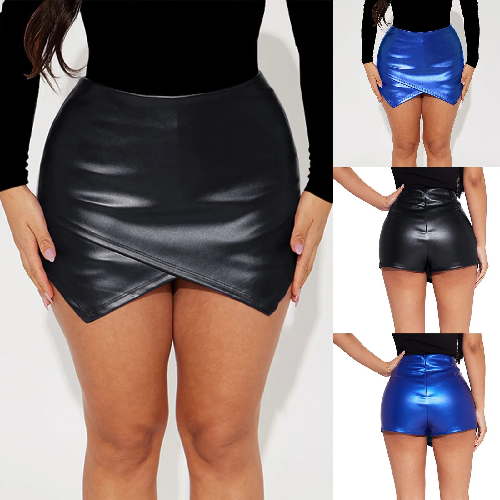 

PU Leather Folds Ruched Mini Skirt Shorts Asymmetrical Irregular Faux Streetwear Bodycon High Waist A-Line Shorts Skirts