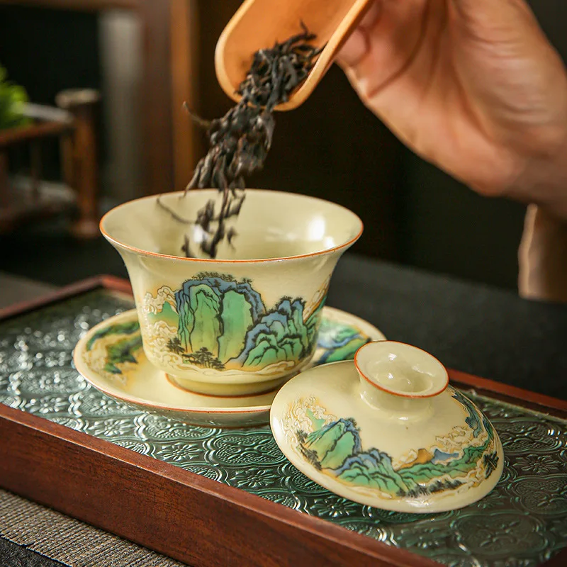 Handmade Retro Gracked Glaze Ceramic Tea Bowl, Large Beige Ru Ware Gaiwan, Kung Fu Tea Set, Making Device, 170ml
