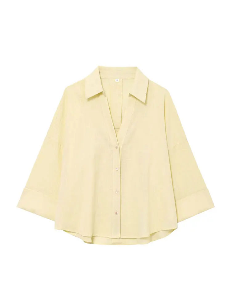 HH Women Fashion Yellow Blouse V Neck Button Drop Sleeves Shirt Summer Female Loose Casual Office Lady Shirts Chic Tops