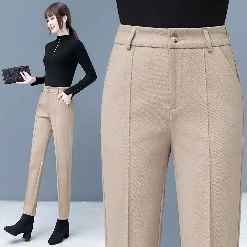 

2023 Autumn Winter Women's Woolen Pants High Waist Slim Fit Solid Color Casual Pants For Women Long Trousers Pantalon Femme Q536