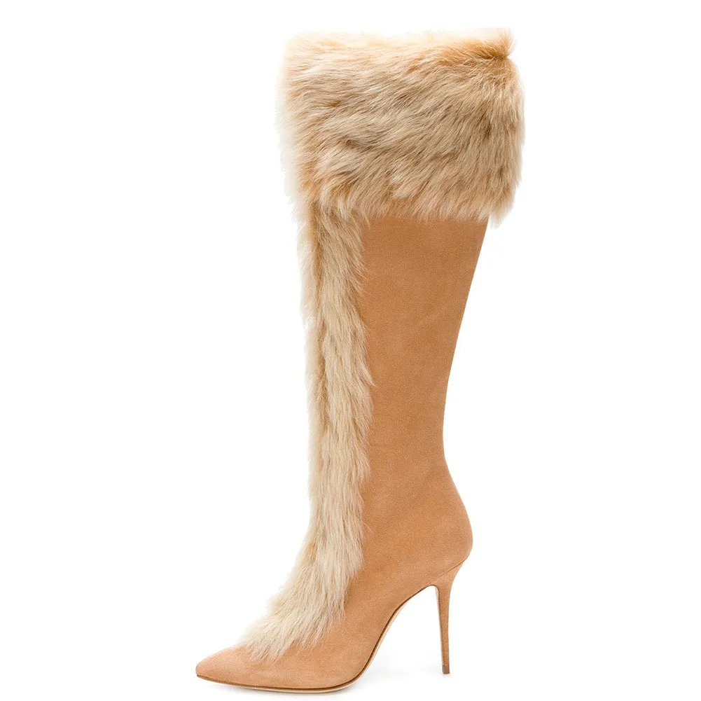 

2023 Autumn Winter New Rabbit fur sweet boots pointed toe thick heel knee-high boots 1111