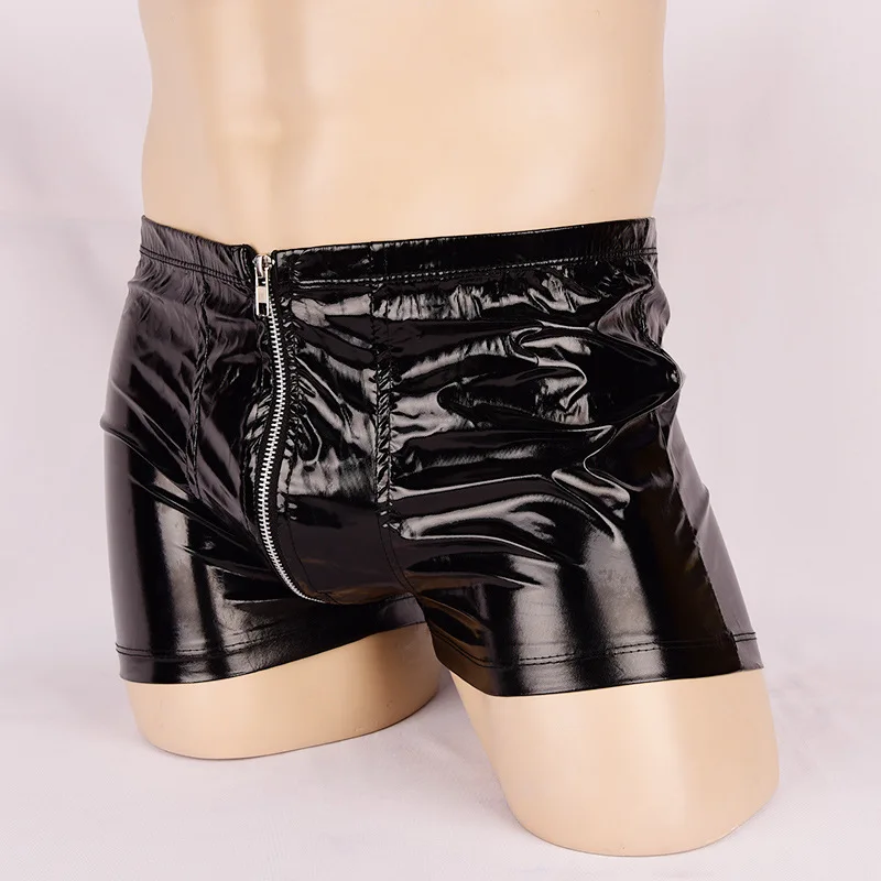 Men Wet Look PVC Vinyl Patent Leather Shiny Boxer Brief Fetish Shorts Hot Pants Underwear Lingerie Outfit