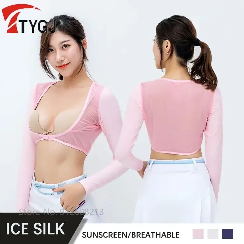 TTYGJ Ladies Breathable Golf Arm Sleeves Sunscreen Ice Silk Shawl Women Cooling Elastic Croped Tops Anti-UV Golf Underwear