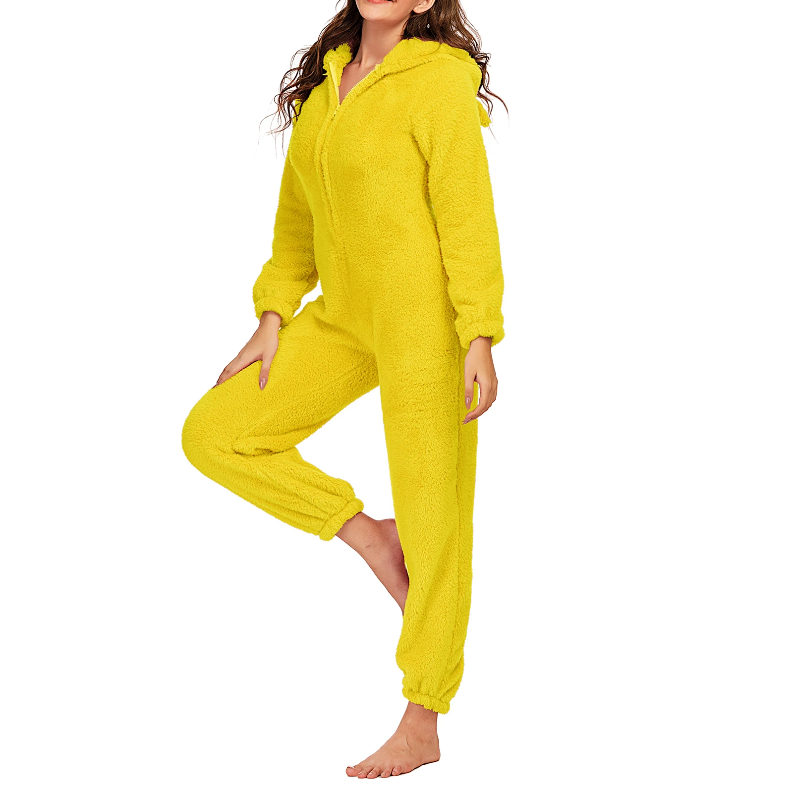 Women's Solid Color Plush Romper Winter Warm Pajamas Loose Long-Sleeve Zipper Hooded Home Wear