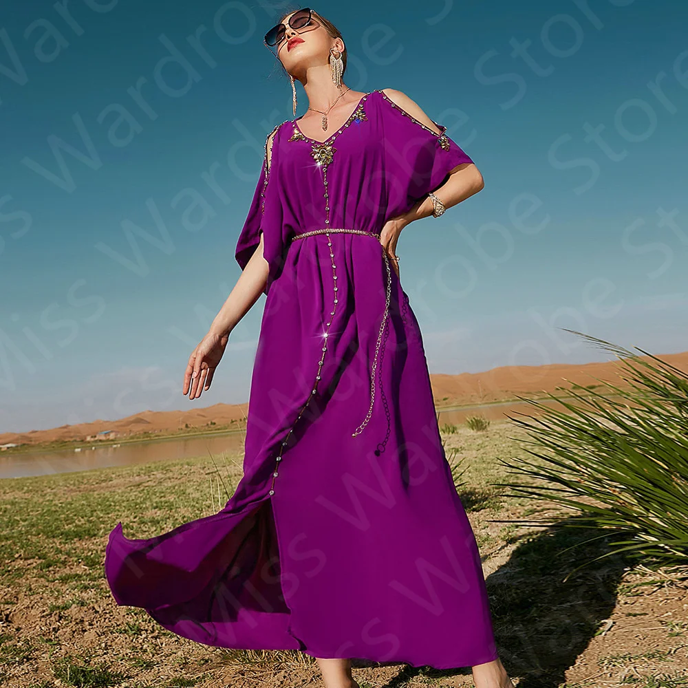 

Latest Purple Evening Dresses Arabic 2024 Half Sleeves Prom Party Gowns V Neckline Wedding Guest Dresses Beading Front Slit