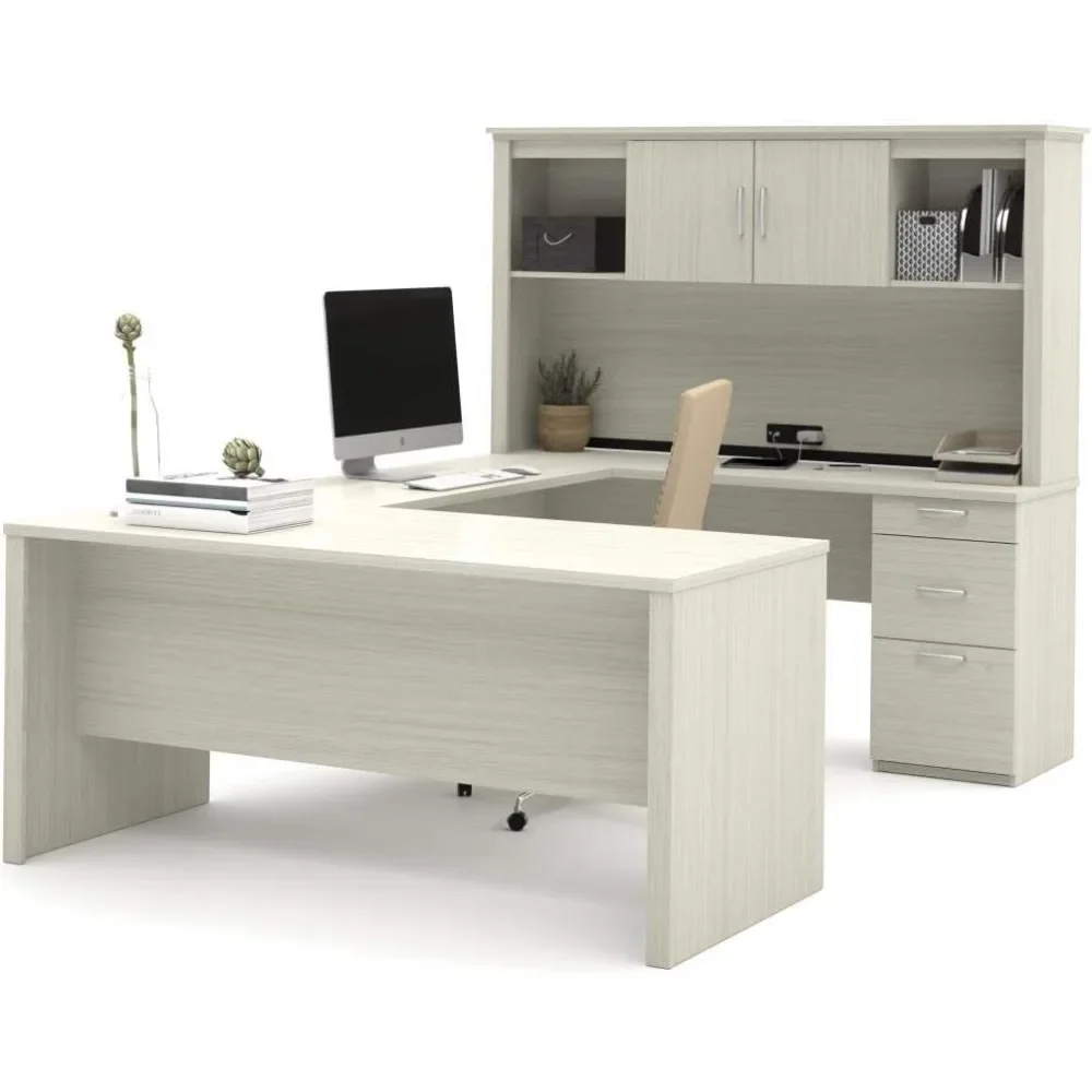 L-Shaped Executive Office Desk with Pedestal and Hutch，Desk with 3 Storage Cabinets， Executive Office Desk 2