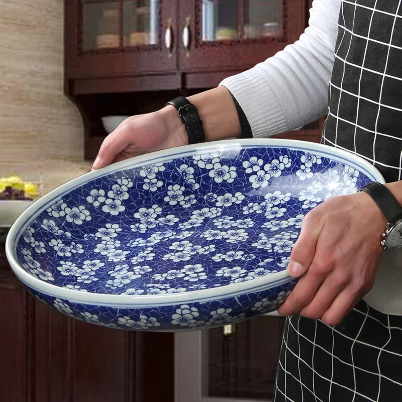 Large Serving Plates Chinese Blue And White Dish Bowl Retro Porcelain Tableware Home Dish Spaghetti Roast Turkey Roast Goose