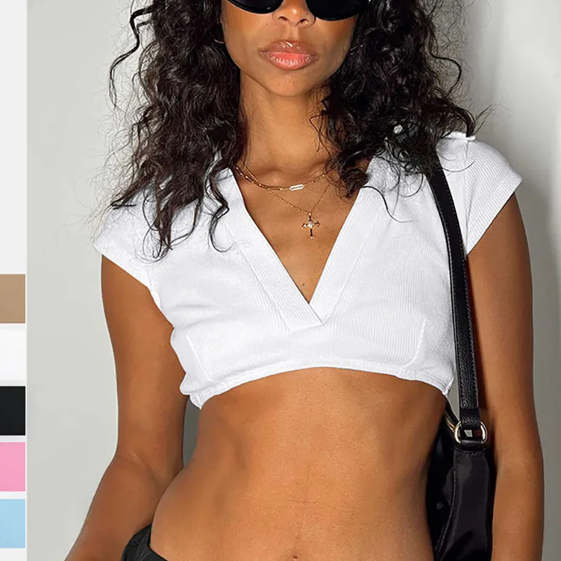 

2023 Summer Women's Threaded Short Sleeve T-Shirt V-Neck Solid Color Peplum Knit Tank Top
