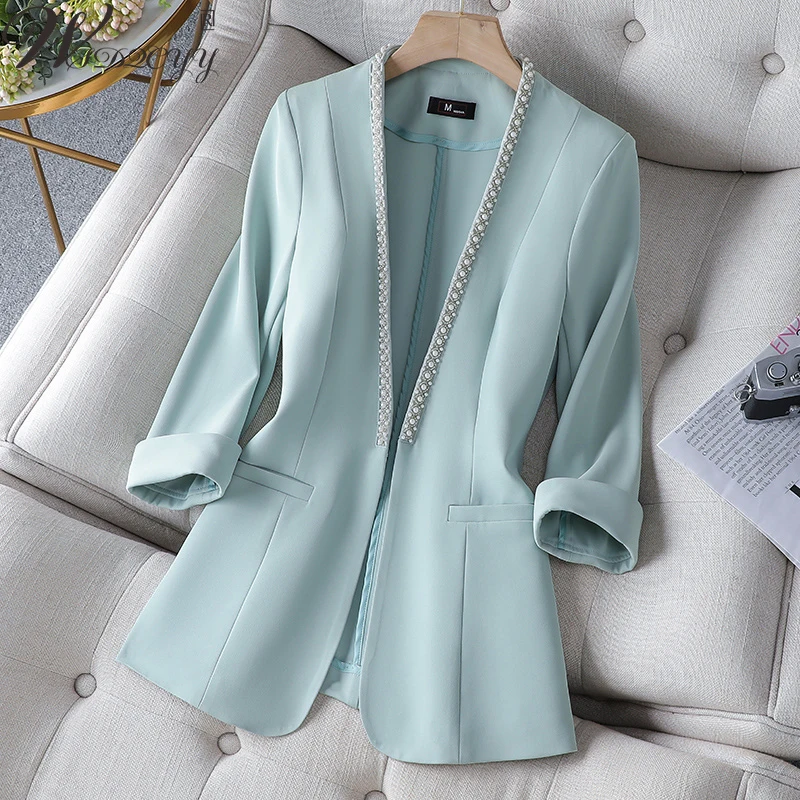 

Korean V-Neck Suit Jacket Women Elegant Pearl Casual Half Sleeve Cardigans Coat Office Lady Plus Size Blazer M-4xl Spring Summer