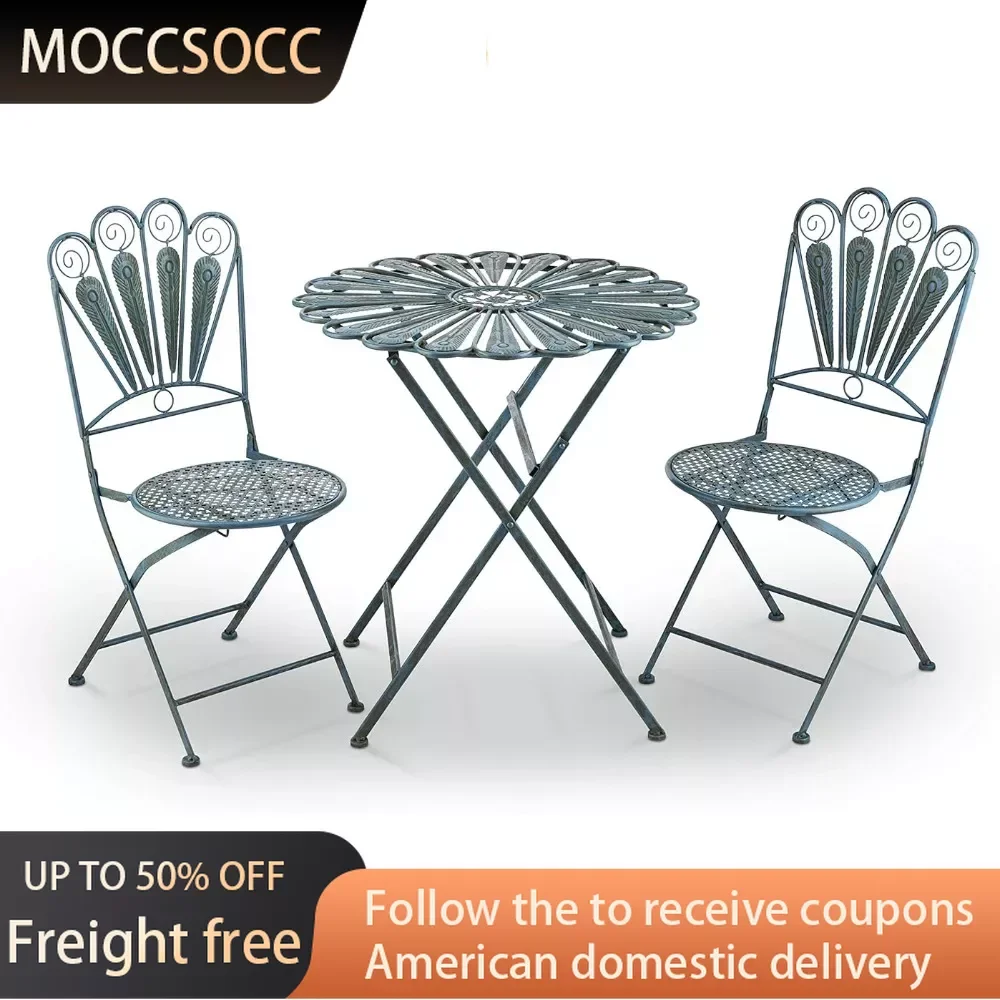 

Indoor/Outdoor 3-Piece Peacock Feather Rustic Metal Bistro Set Patio Seating Light Blue Freight Free Balcony Table Chair Set