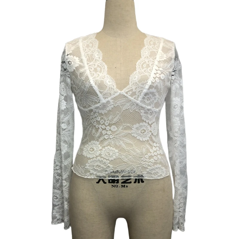 New Spring and Summer Lace Women's V-neck Sexy Slim-fit Shirt Fashionable Hollow Women's Solid Color Casual Long Sleeved Top