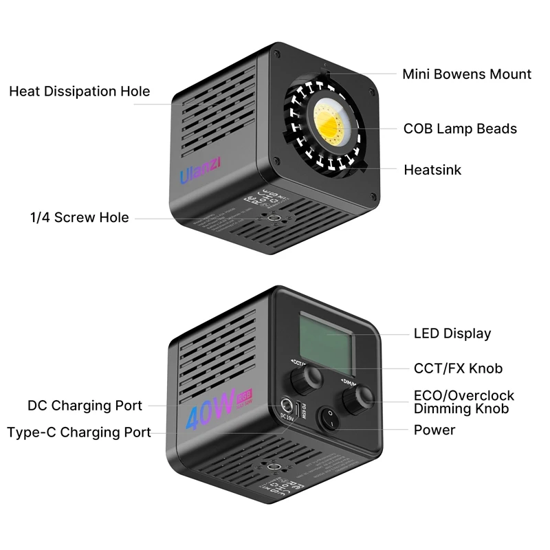 Ulanzi L024 40W RGB 풀 컬러 COB 비디오 라이트 미니 Bowens 마운트 COB 라이트 2500-6500K 3400mAh LED 비디오 라이트 사진