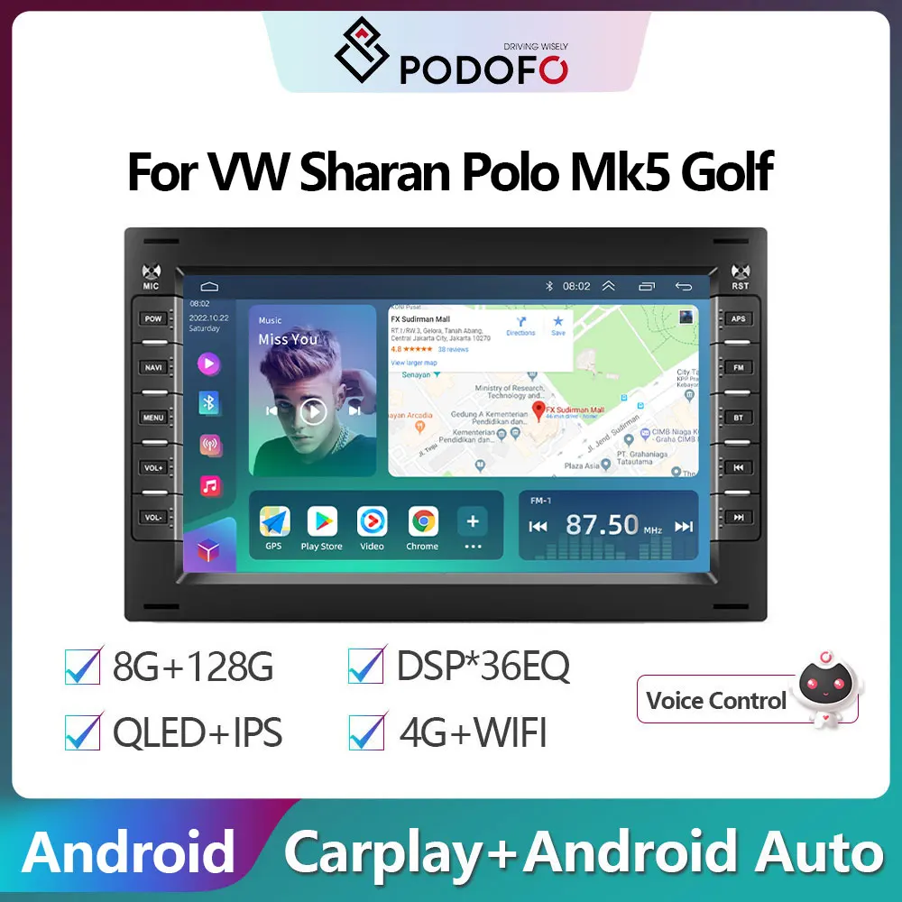 Podofo Ai Car 8-Core 2 Din Android Autoradio Gps Video Multimedia Player Per Vw Sharan Polo Mk5 Golf Passat B6 Bora Jetta Mk4