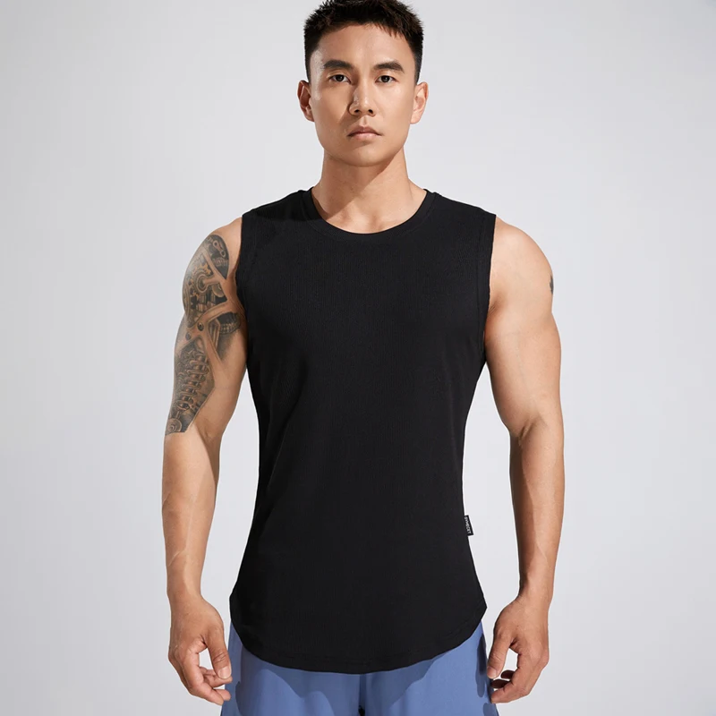 

Summer new slim-fit black men's vest elastic fitness exercise sportswear wide shoulder crew neck shirt fashion casual men's wear