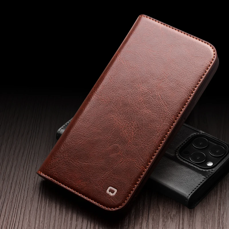 Qialino Brand Genuine Leather Flip Phone Cover For Apple Iphone 15 14 Iphone14 Pro Max Real Cowhide Case Kickstand Card Pocket