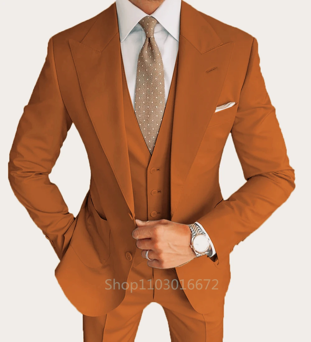 High Quality Formal Solid Wedidng Suits For Men Fashion Slim Fit Peak Lapel Blazer Vest Pants Wedding/Business Groom Tuxedos