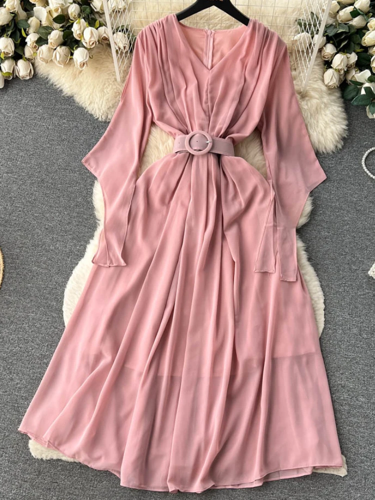 

Summer Women Casual Solid Party Dress Elegant Chiffon Birthday A-Line Vestidos with Belted Female Fashion Holiday Clothes New