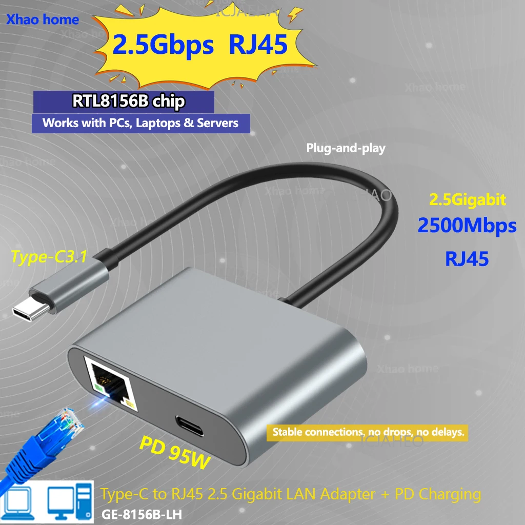2500Mbps USB C-이더넷 어댑터 95W PD 타입-C 충전 포트 2.5Mbps RJ45 네트워크 어댑터 (노트북 PC 네트워크 카드 RTL8156B)