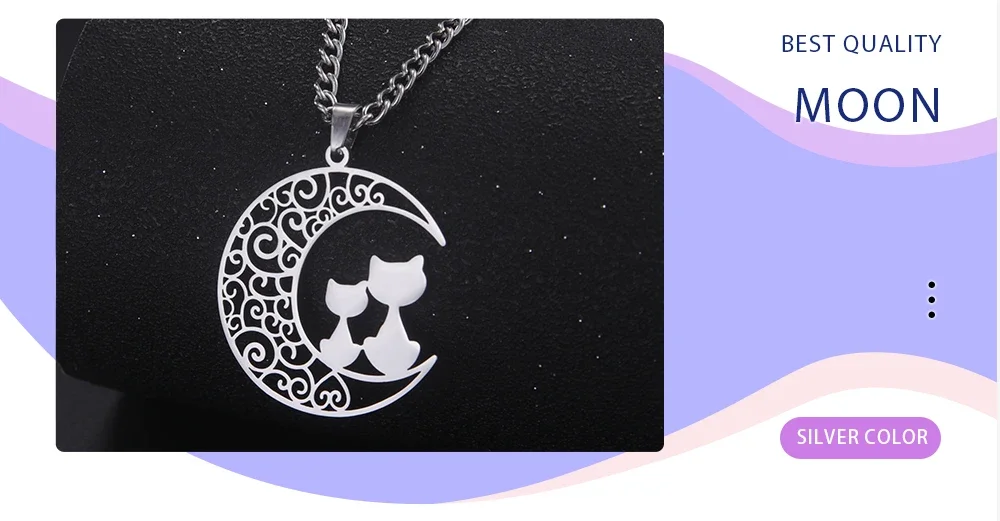 Stainless Steel Cat & Moon Necklace