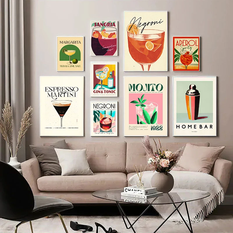 Retro Bar Drink Poster Cocktail Mojito Brandy Alcohol Prints Canvas Painting Wall Art Pictures For Restaurant Clubs Decoration
