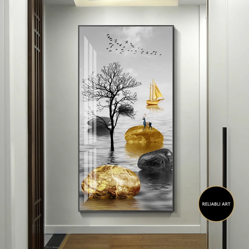 thumbnail image 1 of Nuevo lienzo de pintura de piedra zen dorada de Fengshui chino, arte de pared, carteles e impresiones de árboles ricos en oro para la decoración del hogar de la sala de estar, 1 of 5
