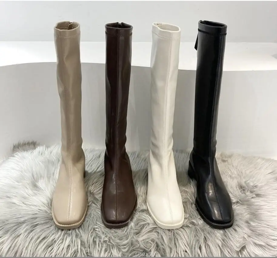 

Autumn Winter Women's High Boots Fashion Soft Leather Black Long Boots Ladies Comfort Knee High Boots Thick heeled high boots