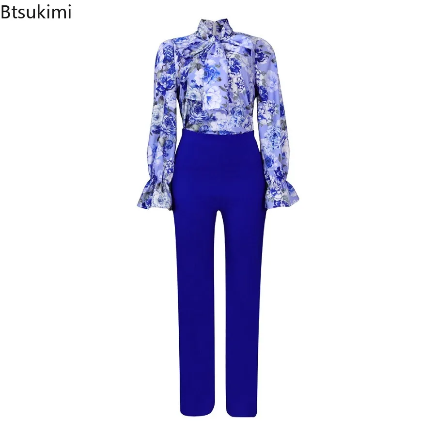 2024 Women's Elegant Floral Print 2PCS Casual Pant Sets Lantern Sleeve High Waisted Business Office Ladies Work Wear Overalls