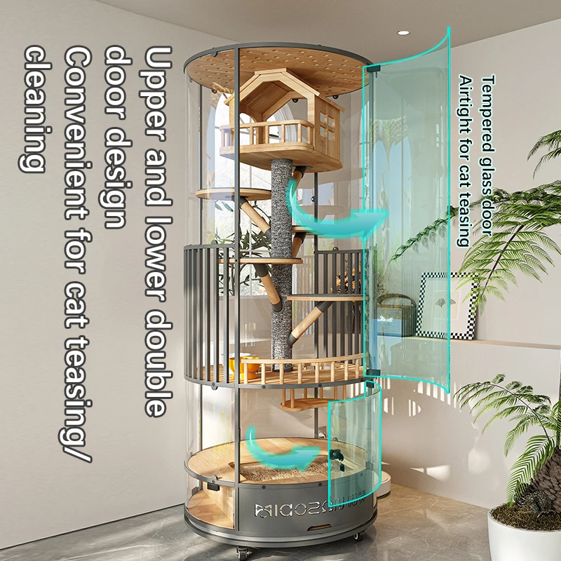 Multifunctional Wooden Cat Tree Tower Large-Scale Indoor Panoramic Cage Comfortable Pet House Glass Pet Furniture