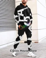 2023 Fashion Tracksuit For Men Black White Letter Printed Hoodie + Pants Suit Autumn 2 Pieces Long Sleeve Set Men's Clothing 1
