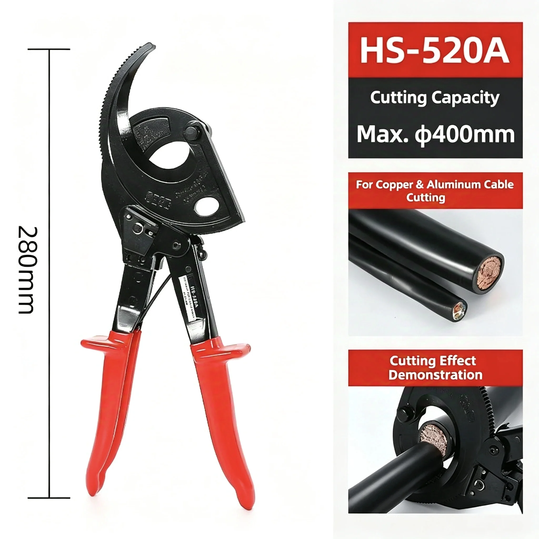 전문가용 라쳇 케이블 커터, 최대 400mm²의 구리/알루미늄 케이블용 헤비듀티 와이어 절단 도구, 라칭 플라이어