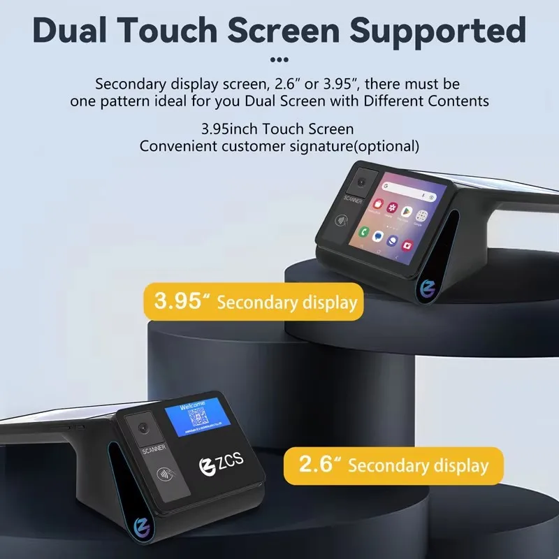 Z108 안드로이드 14 듀얼 스크린 POS 단말기 판매 시점 현금 등록기 (8인치 터치스크린, NFC 스캐너, 58/80mm 감열 프린터 포함)