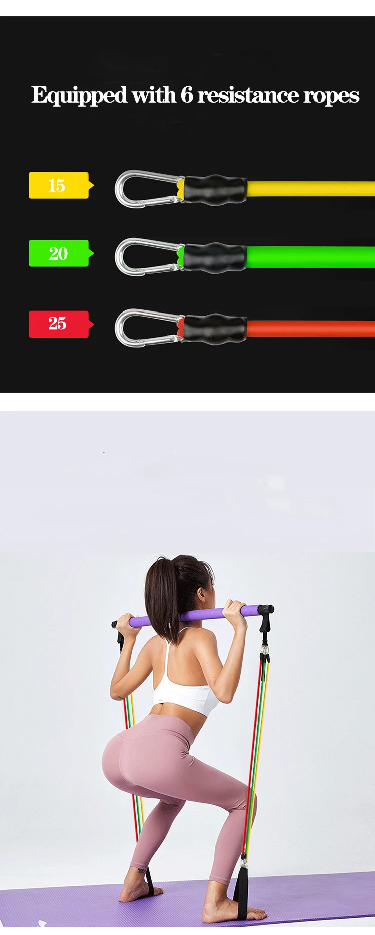 Workout Bar Übung Widerstand Bands Set Pilates Fitness Yoga Zugseil Training Expander Gym Ausrüstung für Home Bodybuilding – Detail 5