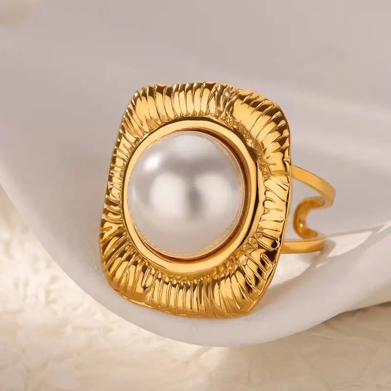 Pearl Jewelry Imitation Gold Color Geometric Rings Womens Engagement Gift