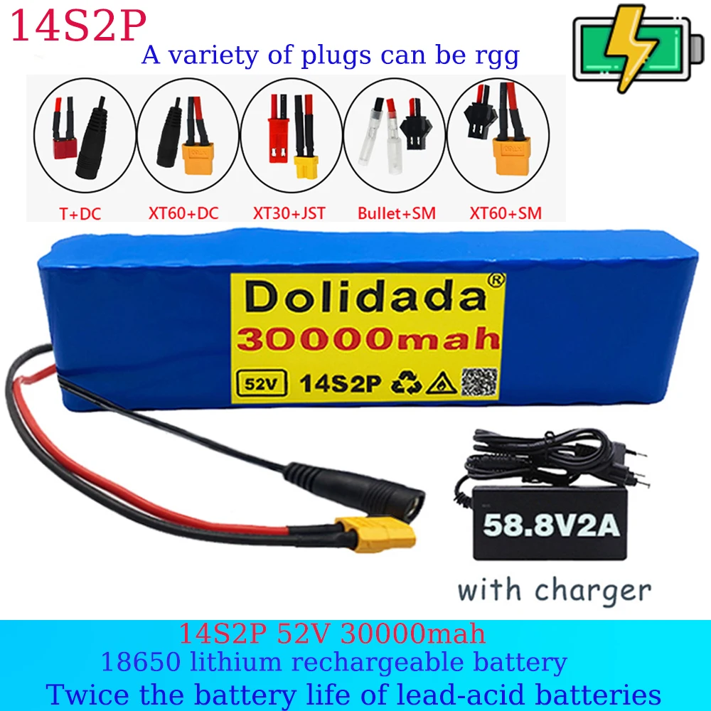 

14S2P 52v 30000mah Li-ion Battery Pack for 800w Electric Bicycle Scooter Balance Scooter with BMS 58.8V 2A Charger Accessories