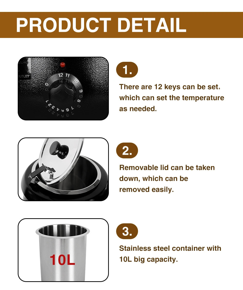 GZZT 10L Stainless Steel Electric Soup Kettle 400-475W 60-95℃ for Soup & Warm Food CE/EU Certified Electric Pot Cooker