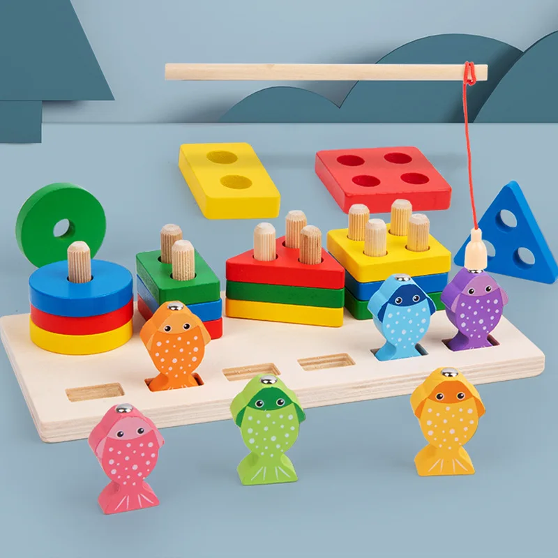 

2 in 1 Montessori Toys Wooden Building Block Toys Wood Shape Puzzle Board Magnetic Fishing Game Educational Toys for Children