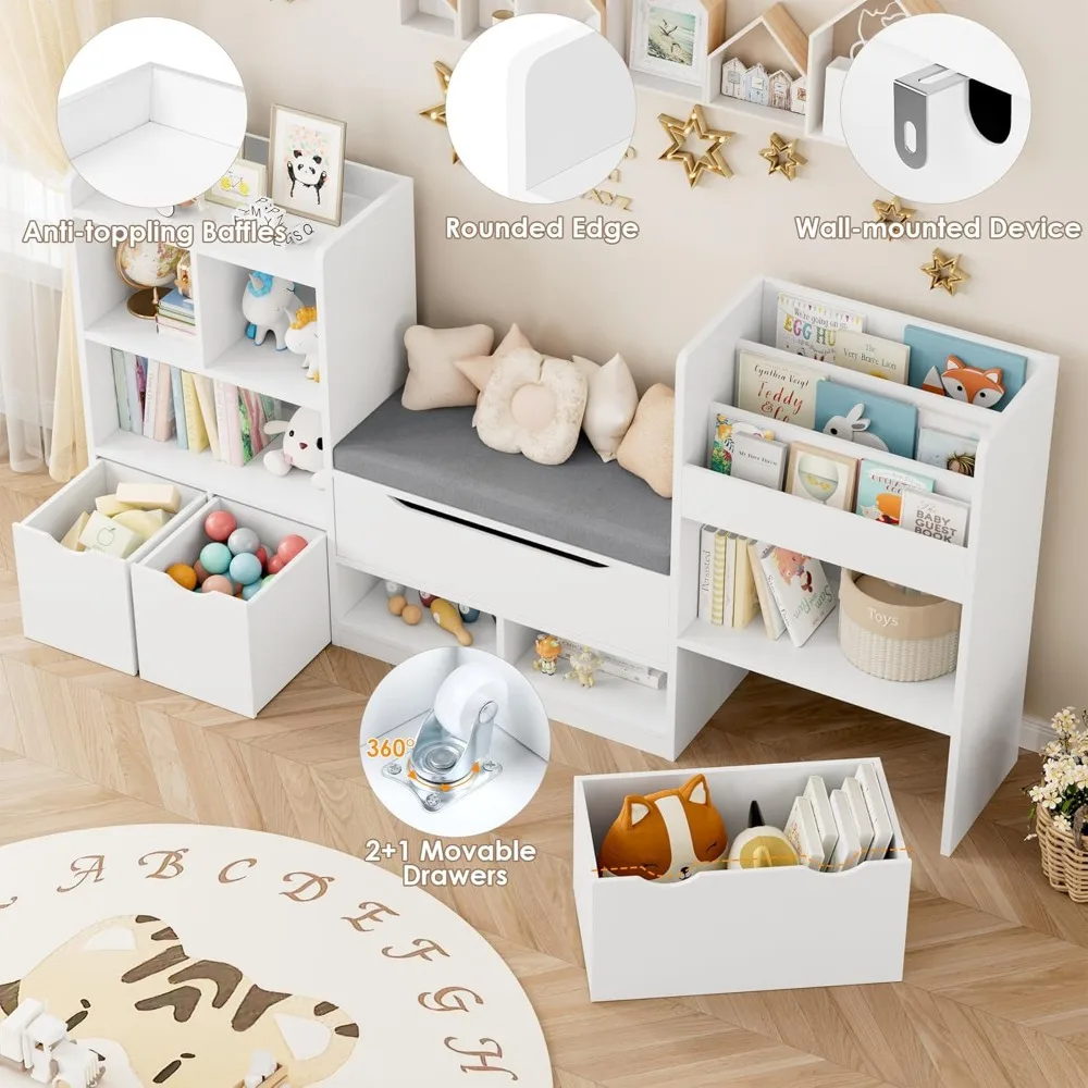 72” Kids Bookshelf with Reading Nook, Super Large Toy Storage Organizer with Seat Cushion and 3 Movable Drawers 4