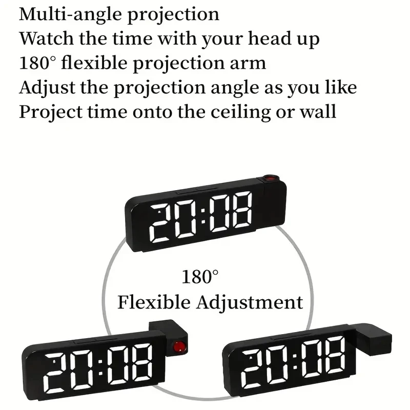 Réveil Projecteur Plafond Numérique – Grand écran LED, Projection 180°, Température, Double USB, 12/24h