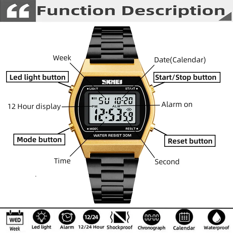 Skmei Unisex Digital Sport's Watches Stainless Steel Strap Led Waterproof 12/24 Hour Format Electronic Alarm Clock 2