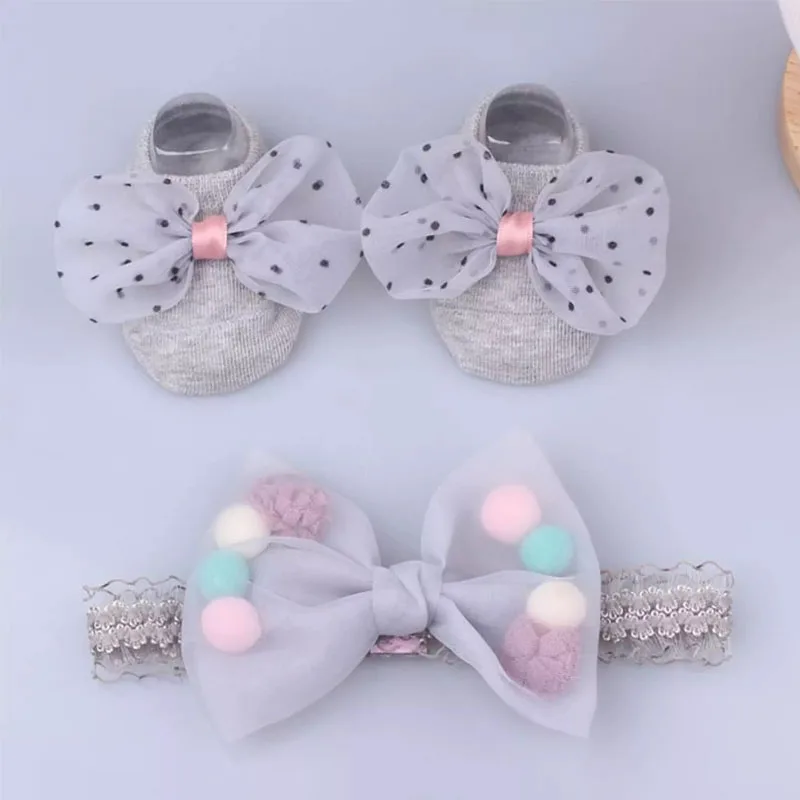 Baby Headband Socks Set Princess Newborn Headbands Hair Bands Girls Lace Flower Bows Turban Baby Hair Accessories 2 Pcs