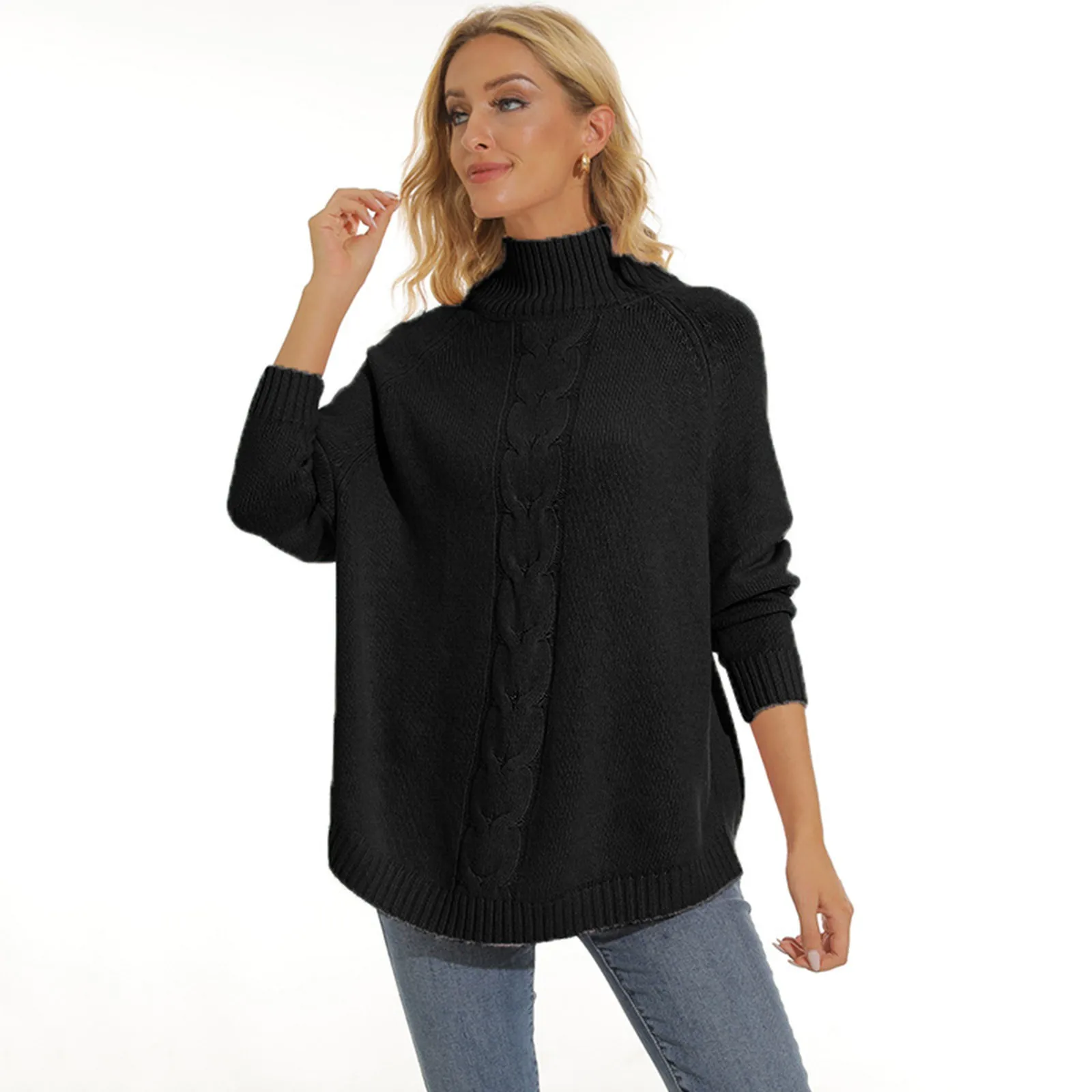 thumbnail image 1 of Suéter elegante de otoño e invierno para mujer, jersey de cuello alto de manga larga, jersey de punto liso asimétrico, jersey de moda urbana, 1 of 4