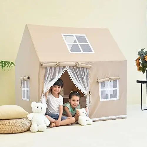 

Tent, Tent Large Playhouse with Windows for Indoor & Outdoor, Natural Canvas Washable Foldable Tent for Toddler Girls Bo