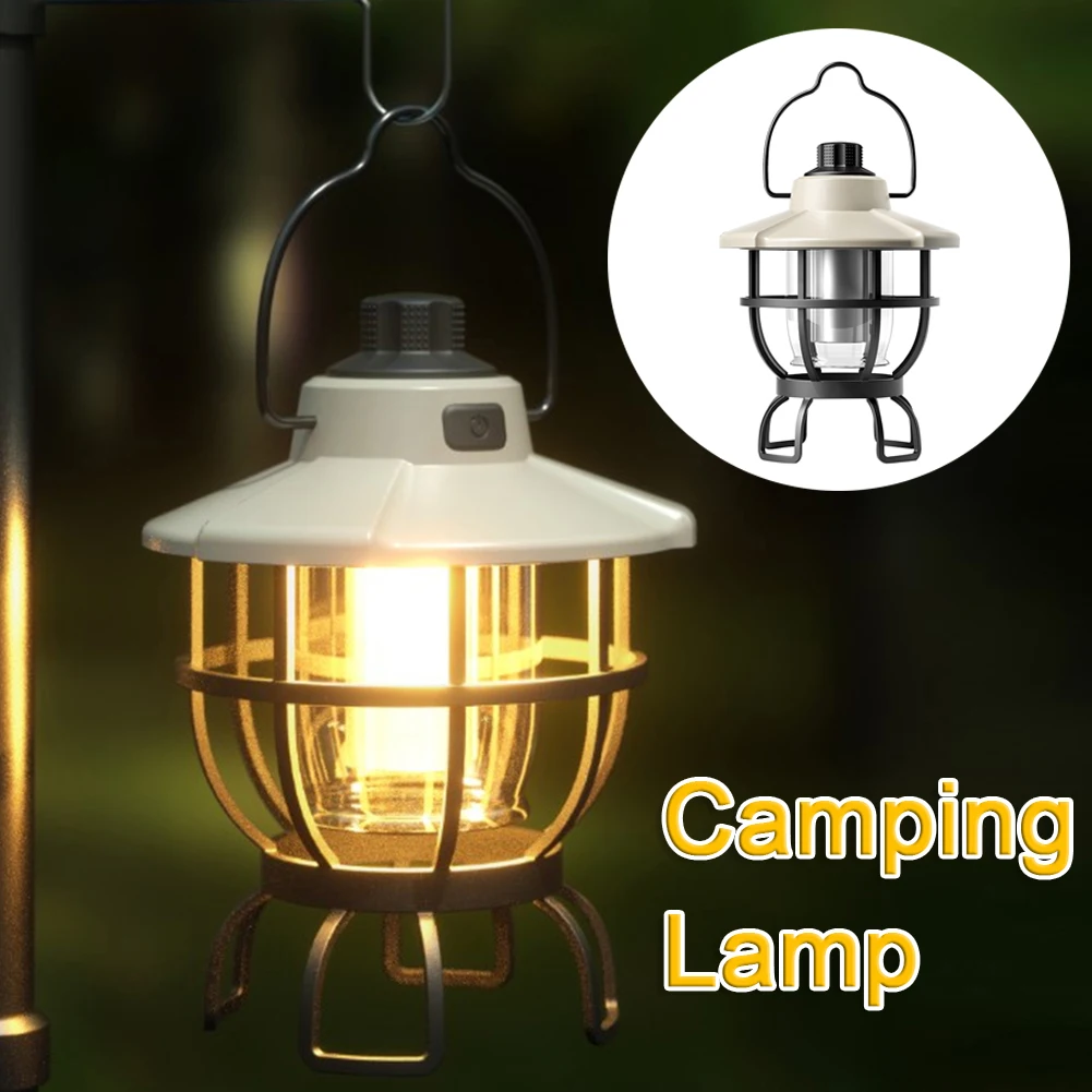 

Светодиодный лампа для кемпинга в стиле ретро, Подвесная лампа для палатки, водонепроницаемое освещение для кемпинга с регулируемой яркостью, аварийный светильник с зарядкой типа c, уличный фонарь