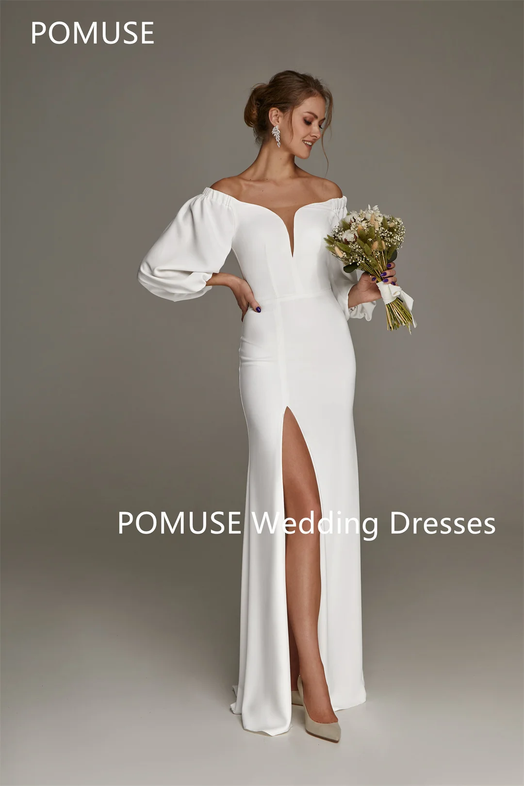 

POMUSE Boho Modern Minimalist Wedding Dress Off the Shoulder Side Slit Wedding Bride Gown Custom Made Vestido De Novia for Women