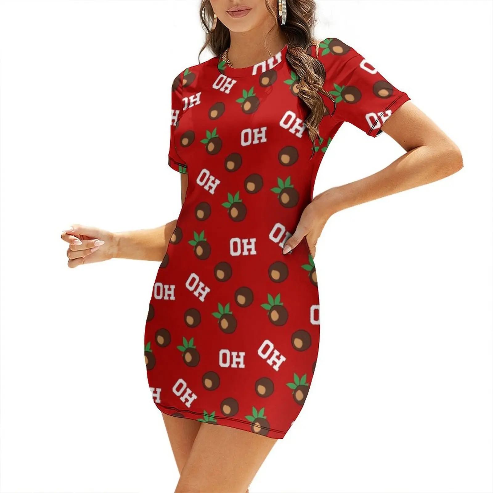 

Buckeye Pattern Red Background Short Sleeved Dress beach outfits for women women dress