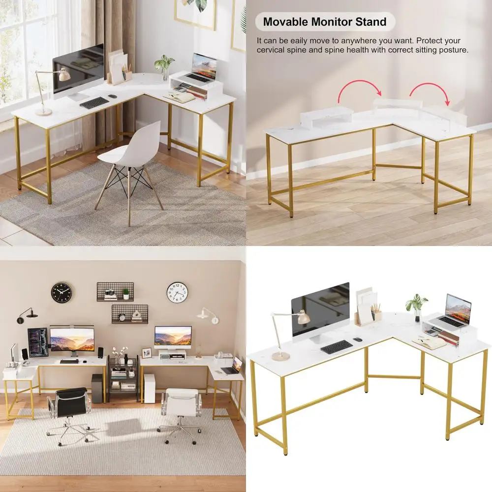White and Gold L-Shaped Desk with Monitor Stand, Home Office PC ...