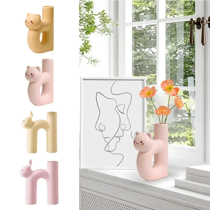 

Cartoon Cat Ceramic Vase, Tubular Aesthetic Vase, U-Shaped Matte Cat Pot, Flower Pot, Living Room Ornaments, Home Decoration