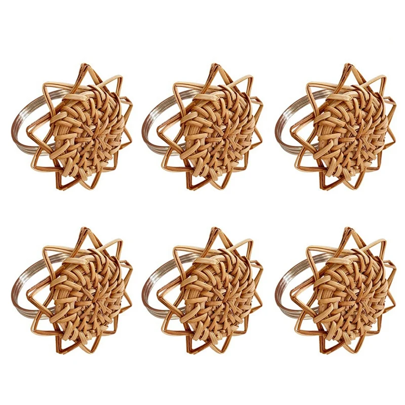 Woven Rattan Napkin Rings Set of 6, Handmade Woven Vintage Napkin Ring, Napkin Holders Sunflower Serviette Buckles