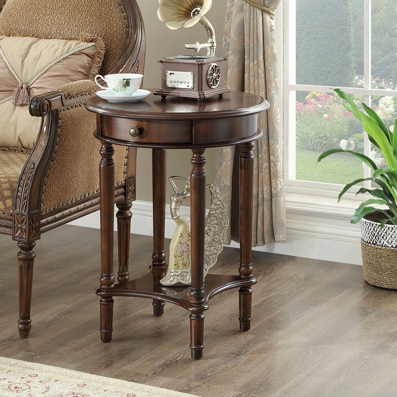 American Small Round Table Solid Wood Sofa Side Table Small Coffee Flower Stand European Casual Phone Stand Side